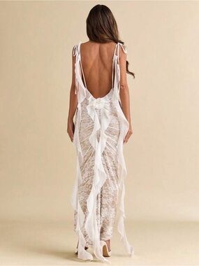 White Lace Open-Back Evening Dress with Ruffle Accents